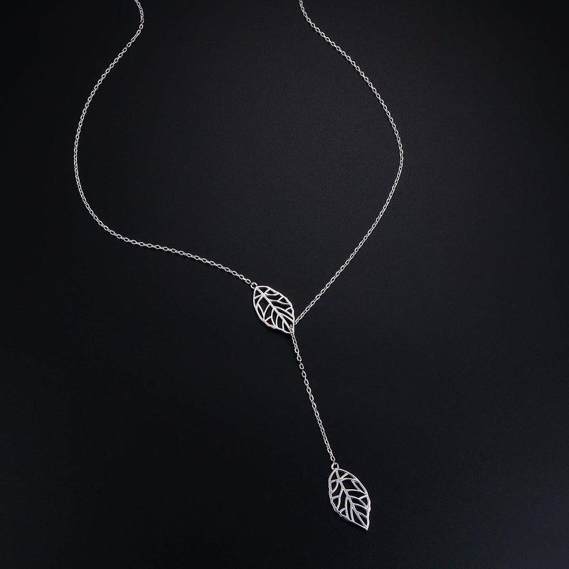 [Australia] - Long Necklace Sterling Silver Larait Bar Y Lariat Long Chain Drop Adjustable Necklace Gift for Her, 30" Long Leaf Lariat Necklace 