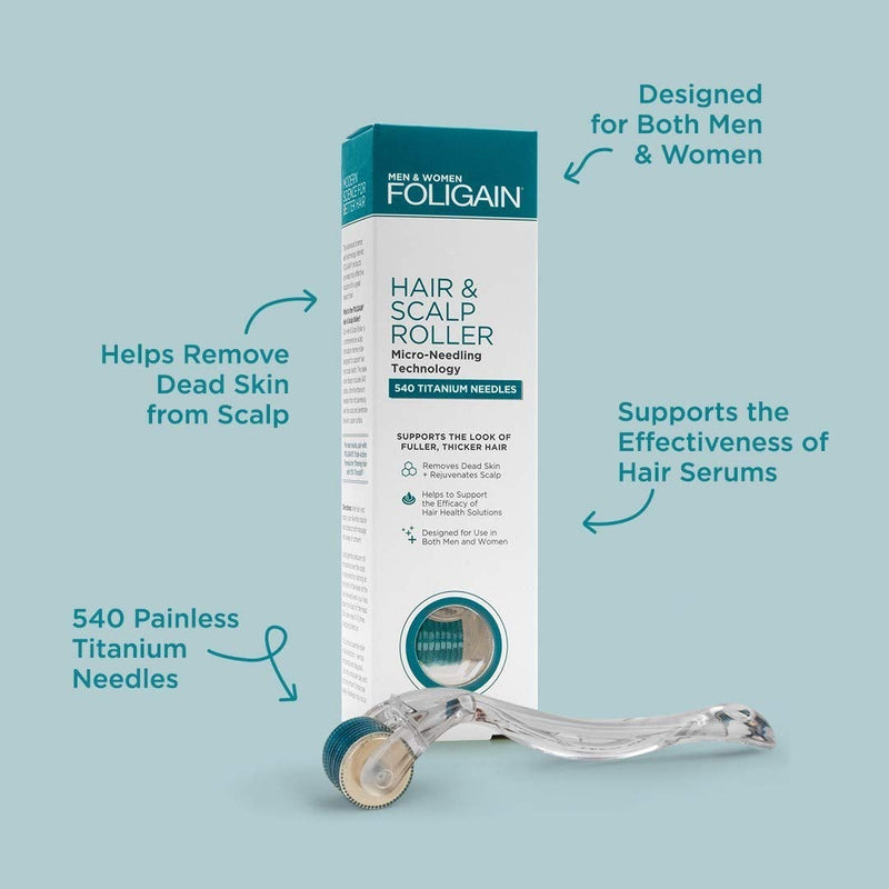 [Australia] - Foligain Hair & Scalp Roller - Microneedling Roller for Thinning Hair - 540 Titanium Microneedles at 0.25mm - Painless Derma Roller for Men & Women - Premium Micro Needling Roller - Stimulates Hair 