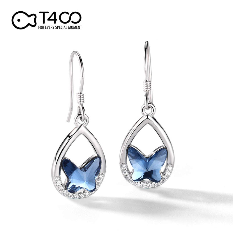[Australia] - T400 925 Sterling Silver Blue Butterfly Crystal Pendant Necklace Dangling Stud Earrings Jewelry Set Birthday Gift for Women Girls Waterdrop 