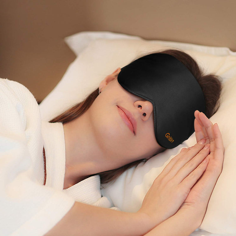 [Australia] - Silk Sleep Mask, Eye Mask, Gritin Light-Blackout Design Ultra Soft & Comfortable 100% Natural Silk Sleeping Mask Eye Blinder with Adjustable Strap and Ear Plug for Men, Women and Kids Black 