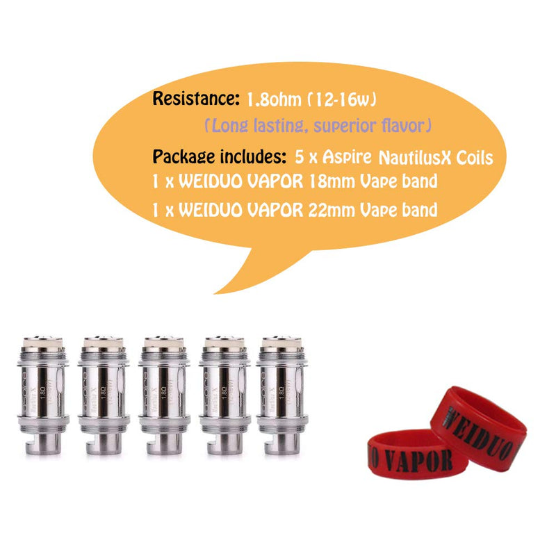 [Australia] - Aspire 5 pcs Nautilus X Replacement Atomizer BVC Coils 1.8ohm for X30 Rover Starter Kit w/Pack of 2 WEIDUO Vape Bands 