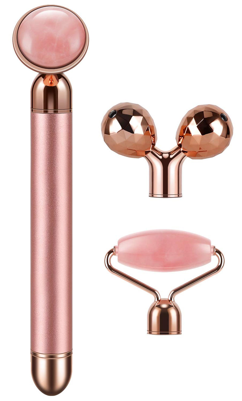 [Australia] - 3-IN-1 Electric Jade Roller Vibrating Facial Roller & Face Massager, Rose Quartz 