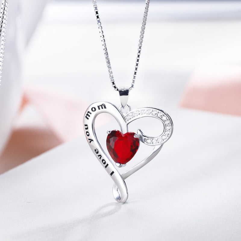 [Australia] - EVER FAITH Mother's Day Birthday Gift 925 Sterling Silver CZ"I Love You Mom" Heart Pendant Necklace Red 