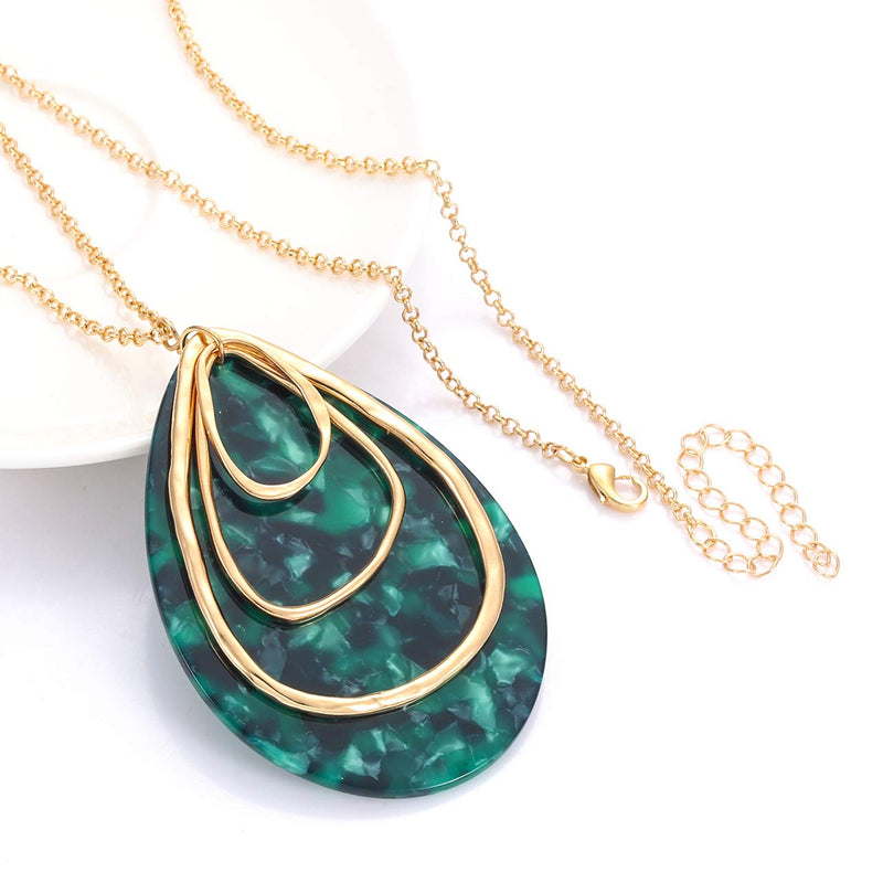 [Australia] - MOLOCH Long Necklace for Women Girls Geometry Teardrop Acrylic Circle Pendant Necklace Statement Boho Acetate Resin Necklace Minimalist Gift Dark green 