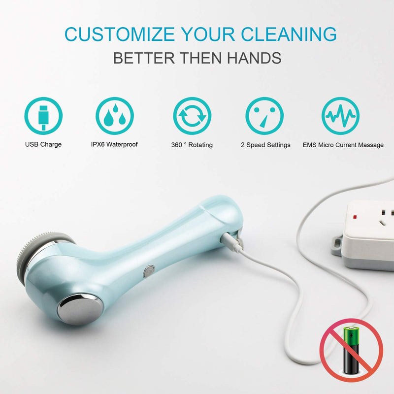 [Australia] - Facial Cleansing Brush Waterproof Face Spin Scrubber for Oil/Sensitive/dry Skin Rechargeable Deep Cleansing Makeup Remover Blackheads Gentle Exfoliating with 3 Brush Heads & EMS Massager 