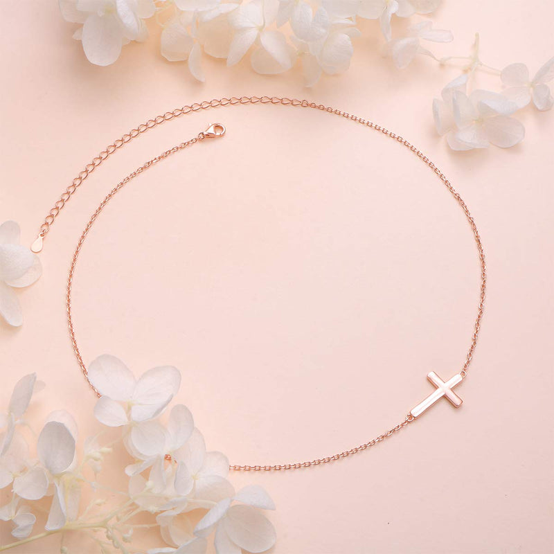 [Australia] - S925 Sterling Silver Jewelry Sideways Cross Choker Necklace 14 inches to 18 inches Rose gold-tone 