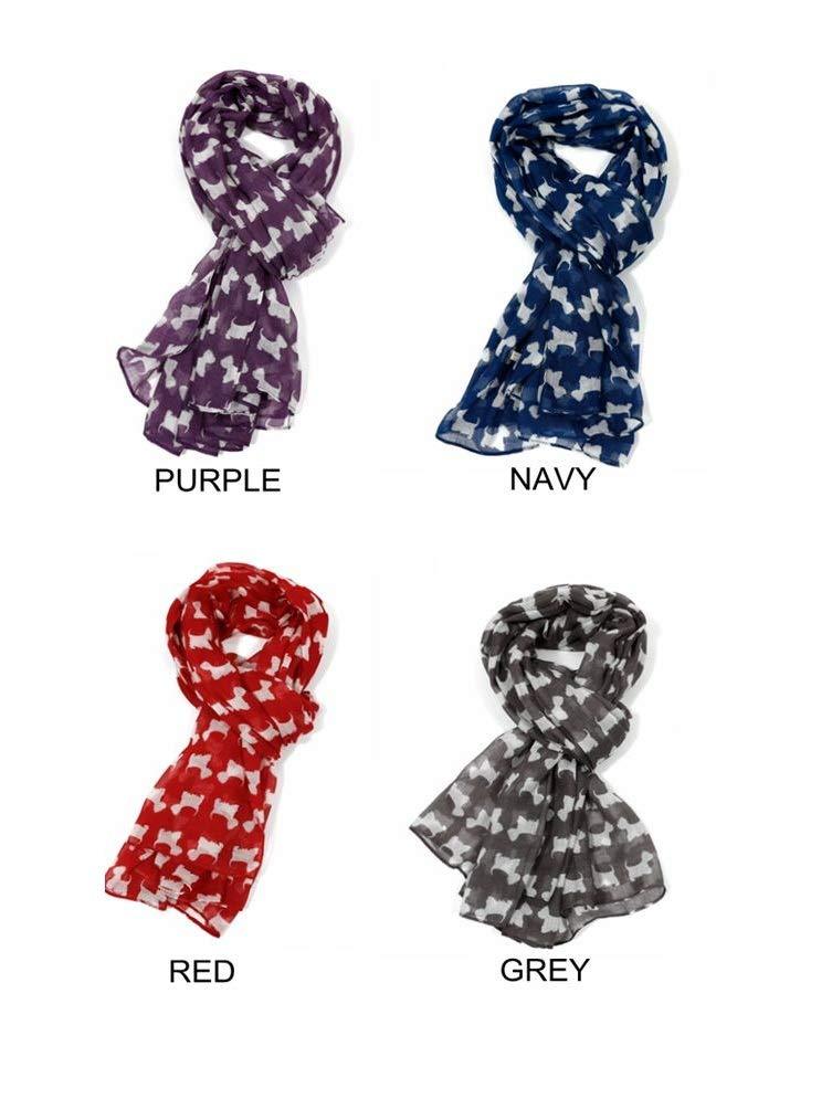 [Australia] - LilyRosa® Grey Dog Scarf, Scottie Westie Highland White Dogs Print Navy Blue Red Purple Scarf Wrap Shawl 