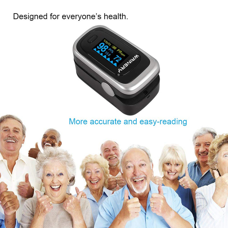 [Australia] - WRINERY Oxygen Saturation Monitor, Pulse Oximeter Fingertip, Oxygen Monitor, O2 Saturation Monitor, OLED Portable Oximetry with Batteries, Lanyard (Royal Black-Silver) 