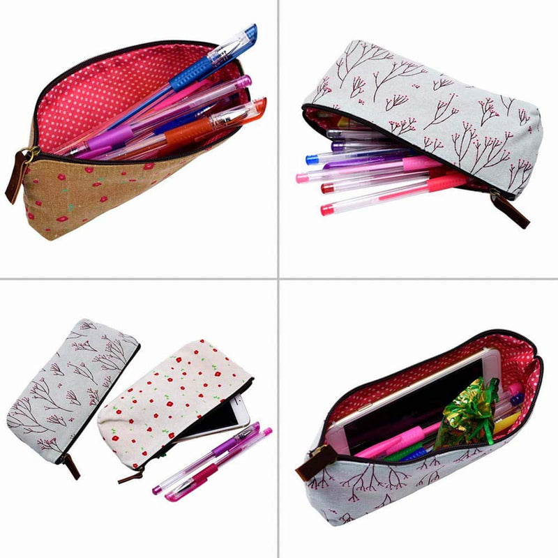 [Australia] - Countryside Flower Floral Cosmetic Makeup Bag Cute Floral Flower Canvas Zipper Pencil Pen Cases, Multi-functional lovely Flower Tree Fabric Coin Purse(4 Pcs) 