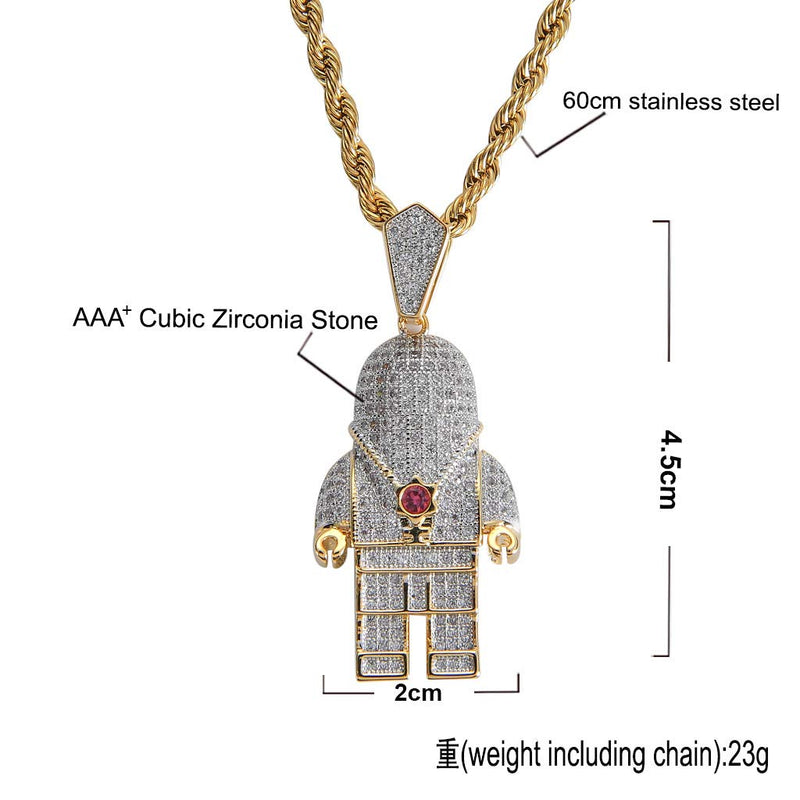 [Australia] - charlinliol 18k Gold Plated Necklace Iced Out Cubic Zirconia Astronaut Pendant Hip Hop Jewelry Spaceman Chain for Men and Women 