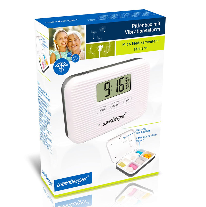 [Australia] - Weinberger 02263 Electronic Pill Box with Alarm, Medicine Reminder, Display, Pill Box, Pill Clock, Pill Box with Timer, Vibration Alarm, Alarm Clock, White 