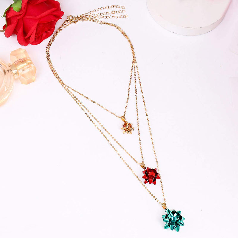 [Australia] - ALEXY 3PCS Christmas Necklaces X-Mas Gift Bow Pendant Necklaces Set Delicate Layered Chain Necklaces Party Gift for Women Girls Multicolor 