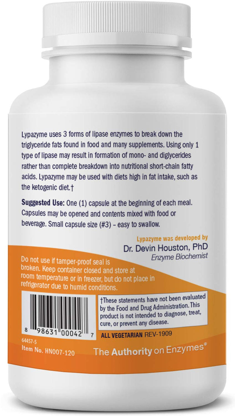 [Australia] - Houston Enzymes – Lypazyme – 120 Capsules – Professionally Formulated with 3 Different Lipase Enzymes – Supports Complete Breakdown of Triglyceride Fats – Excellent for High-Fat Diets 