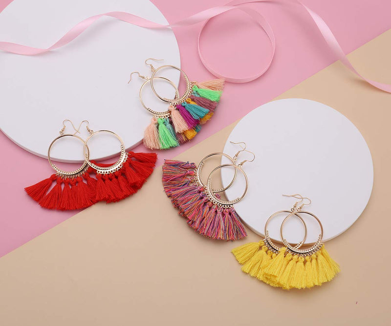 [Australia] - LANTAI 9-18 Pairs Colorful Bohemian Hoop Tassel Earrings Boho Earrings-Fashion V Shape Tassel Earrings Long Fringe Earrings for Women Girls Statement Earrings A-hoop 