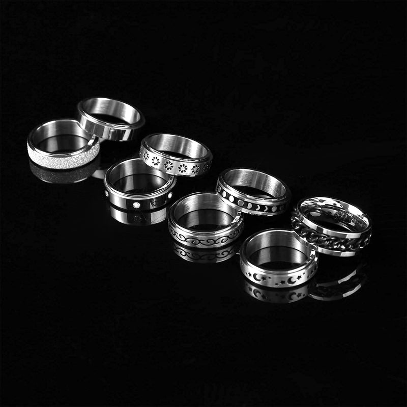 [Australia] - FUNEIA 8Pcs Anxiety Ring for Women Men Stainless Steel Fidget Ring Spinner Ring Set Moon Star Chain Spins Meditation Rings Stress Relieving Band Rings Wedding Promise Rings Size 6-10 