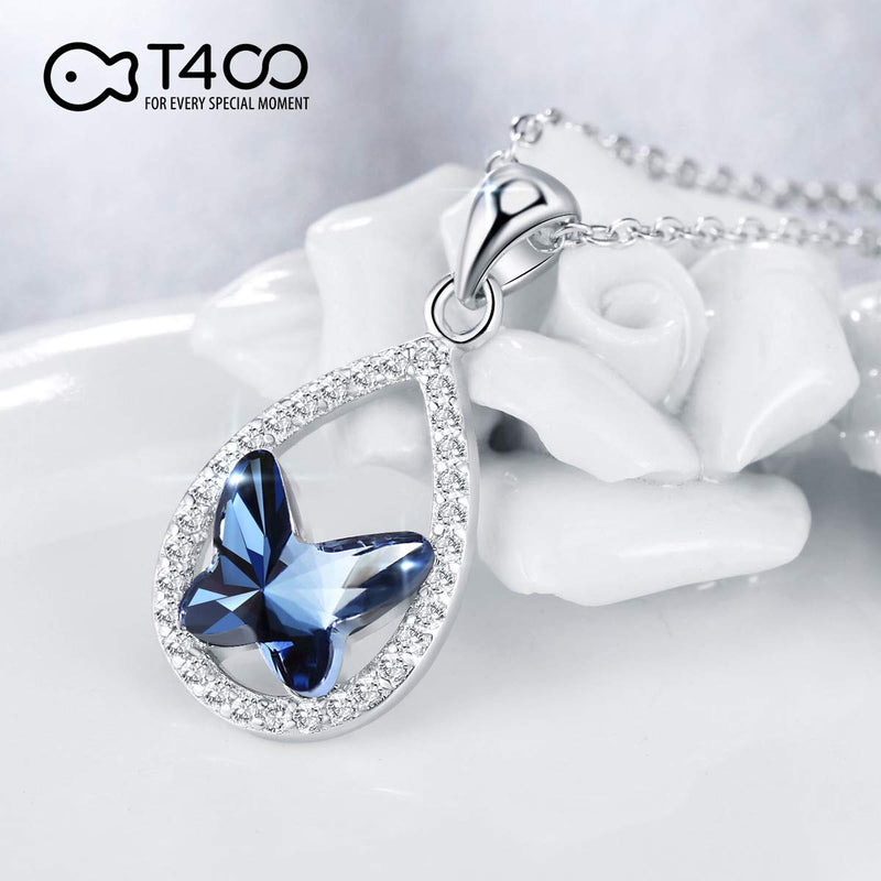[Australia] - T400 925 Sterling Silver Blue Butterfly Crystal Pendant Necklace Dangling Stud Earrings Jewelry Set Birthday Gift for Women Girls Waterdrop 