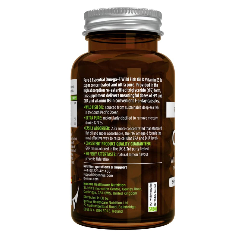 [Australia] - Pure & Essential Omega-3 & D3 1000iu, Fast-Acting rTG, 1-a-Day, Highly Concentrated EPA & DHA Wild Fish Oil, Non-GMO 60 Servings 