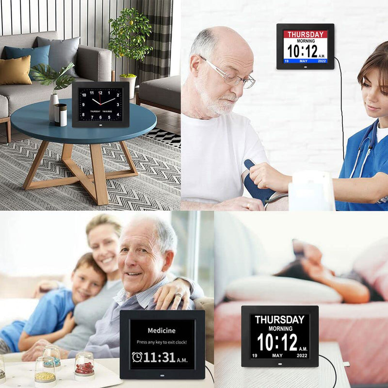 [Australia] - SSINI 2022 Newest Day Clock Digital Calendar Alarm Clock,Extra Large Date Day Time Dementia Clock with 12 Alarm Options,Auto Dimmable,4 Display for Seniors,Alzheimer's, Vision Impaired ,Memory Loss 8"black 8 INCH 