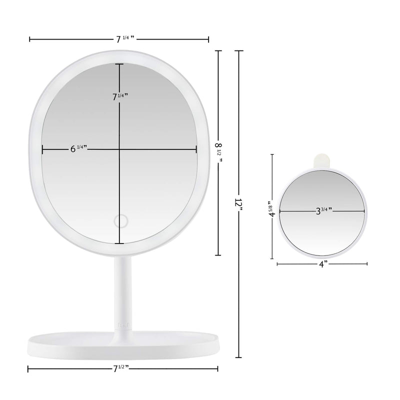 [Australia] - Ovente Lighted Makeup Mirror with Magnification, Rechargeable 8.5'' Vanity Table Top with Storage Tray, Dimmable Circle LED, 10X Mini Magnetic Mirror, Compact for Travel, USB Operated, White MOT22W 