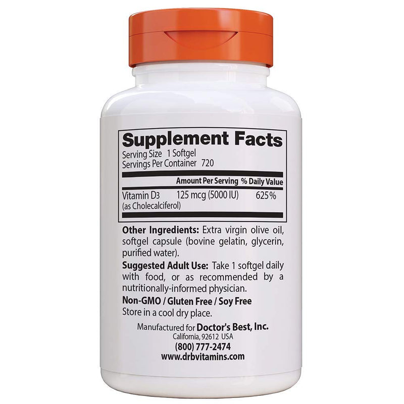 [Australia] - Doctor'S Best Vitamin D3 5, 000 Iu for Healthy Bones, Teeth, Heart & Immune Support, Non-GMO, Gluten-Free, Soy Free, 720 Count (Pack of 1) 