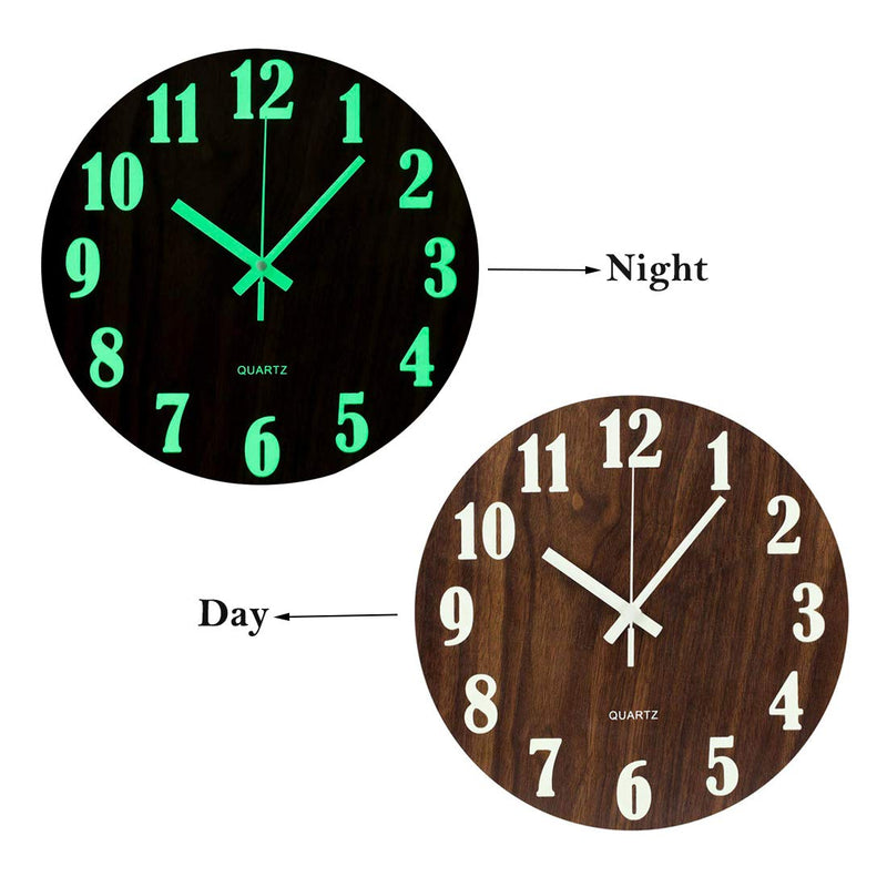 [Australia] - Topkey 12 Inch Luminous Wall Clock Silent Wooden Design Night Lights Round Wall Clock for Living Room and Bedroom (Battery Not Included) - Brown 