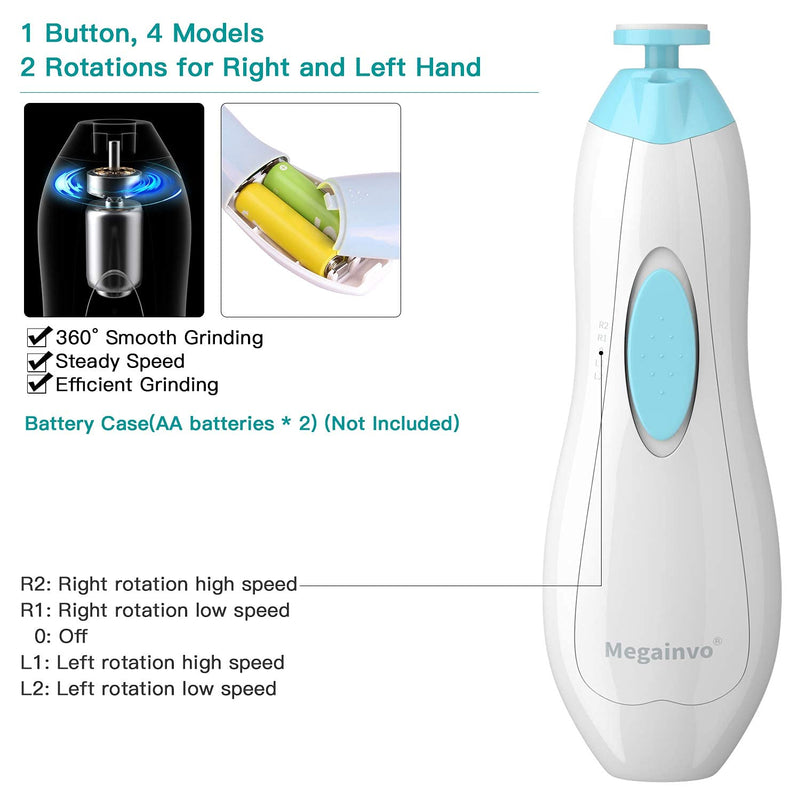 [Australia] - Baby Nail File Megainvo Electric Nail Trimmer Manicure Set Nails Clipper LED Light Whisper Quiet Design Safe for Newborn Toddler Kids Toes and Fingernails Care Kit 10 Grinding Heads Blue Light blue 