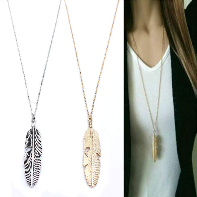 [Australia] - CSIYANJRY99 Long Feather Necklaces for Women Teen Girls Boho Gold Silver Leaf Pendant Sweater Chain Necklace 