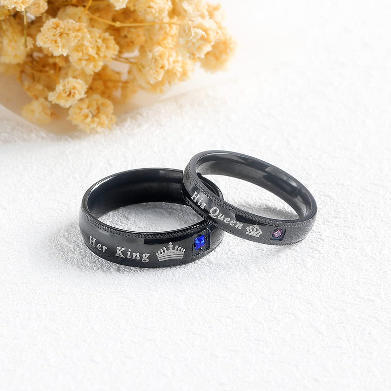 [Australia] - MONIYA Set of 2 His Queen Her King Rings Stainless Steel Wedding Engagement Band Matching Promise Rings For Couple Anniversary Jewelry Black Men 7 & Women 5 