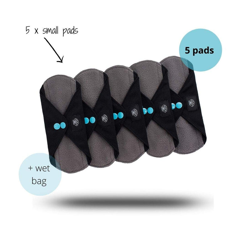 [Australia] - FLOATING LOTUS Reusable Sanitary Pads (5pk Small: Light to Medium Period Flow) Black Washable Bamboo Menstrual Towels Panty Liners inc Waterproof Bag 