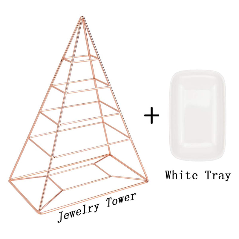 [Australia] - MORIGEM Jewelry Organizer, Pyramid 4 Tier Jewelry Tower, Decorative Jewelry Holder Display with White Tray for Necklaces, Bracelets, Earrings & Rings, Rose Gold 