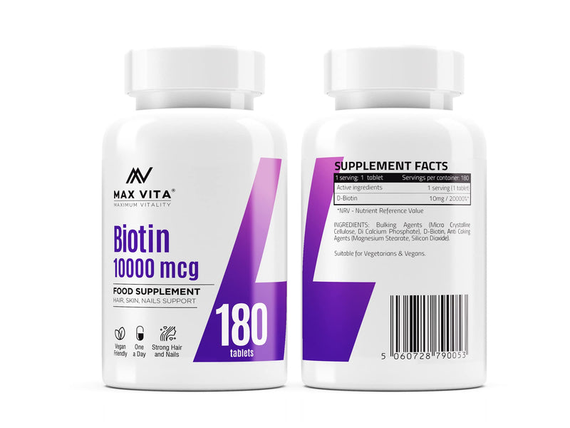 [Australia] - Biotin 10,000mcg High Strength Supplement for Men and Women|Supports Healthy Hair, Skin & Nails|180 Vegetarian Tablets (Non-GMO, Gluten Free) Made in The UK 