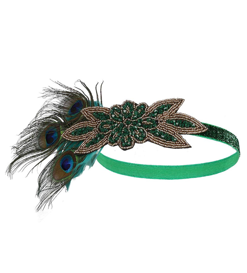 [Australia] - Z&X Vintage 1920s Black Feather Headpiece Gold Beaded Art Deco Flapper Headband 12a Green 