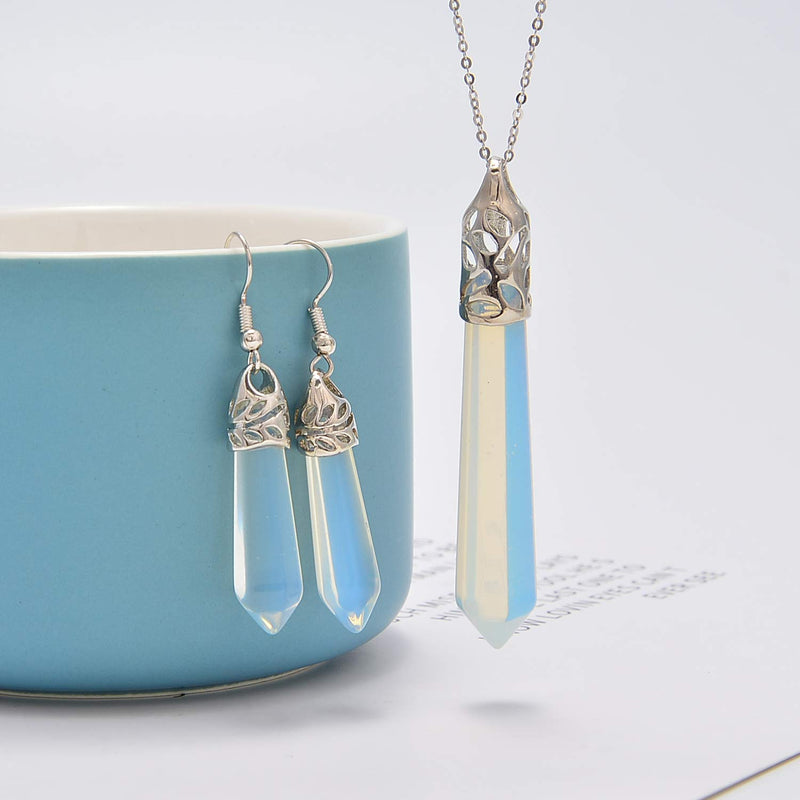 [Australia] - Natural Gemstones Hexagonal Pointed Reiki Chakra Pendant Necklace and Earring Set (White Opalite) White Opalite 