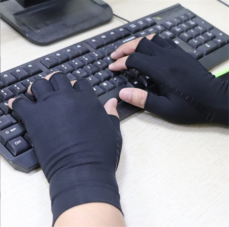 [Australia] - Fingerless Copper Arthritis Gloves Hand Compression Gloves for Women Men Arthritis Pain Relief Hand Gloves for Typing Support Copper Gloves for Arthritis Compression Half Finger Gloves (L) Large Black 