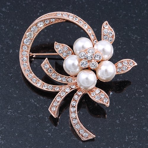 [Australia] - Avalaya Bridal Crystal, Similutated Pearl Flower Brooch in Rose Tone Gold - 50mm Across 