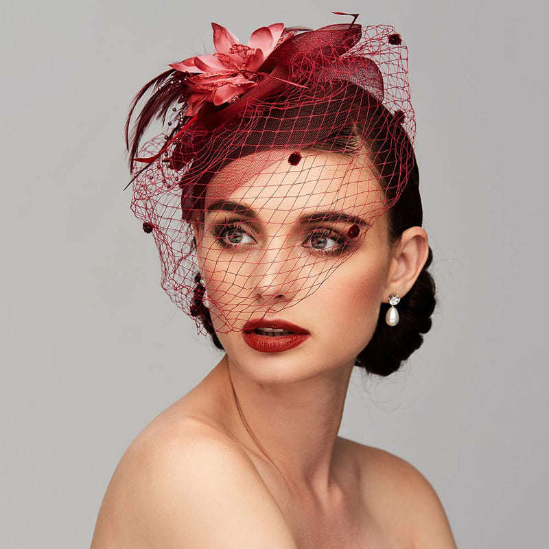 [Australia] - Feather Net Kentucky Derby Hat Fascinators Headpiece Wedding Special Occasion with Birdcage Veil Floral Flower Black 