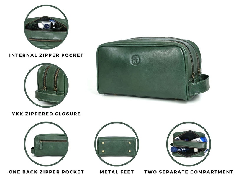 [Australia] - Aaron Leather Goods Leather Toiletry Bag for Men and Women Brown 10.5 Inch (Green) Green 