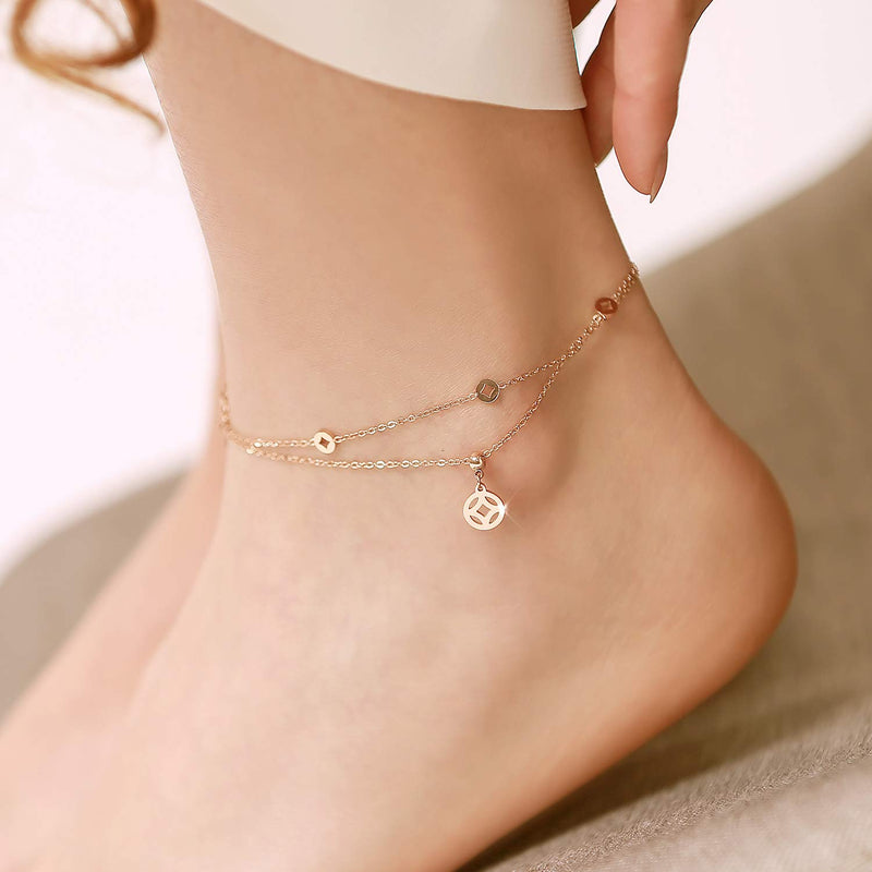 [Australia] - PAPAGENA Stylish Layered Ankle Bracelets for Women Adjustable Titanium Steel Link Rose Gold Plated Anklets Gift Coins Design Layered Anklet 