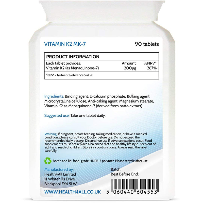 [Australia] - Vitamin K2 MK7 200mcg 180 Tablets (V) Natural MK-7 from natto Fermentation. Vegan High Strength Tablets (not Capsules). Made in The UK by Health4All 180 Count (Pack of 1) 