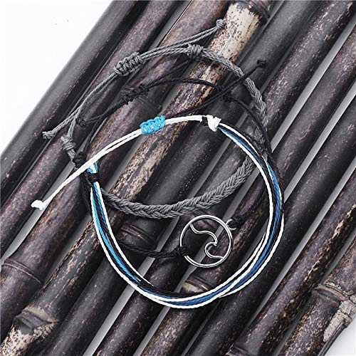 [Australia] - SUNSH 3PCS Handmade Braided Woven Anklet Bracelets for Women Girls Wave Charm Hippie Boho Beach Surf Friendship Bracelet Wax String Adjustable Mom Daughter Sister Friends Gifts Black 