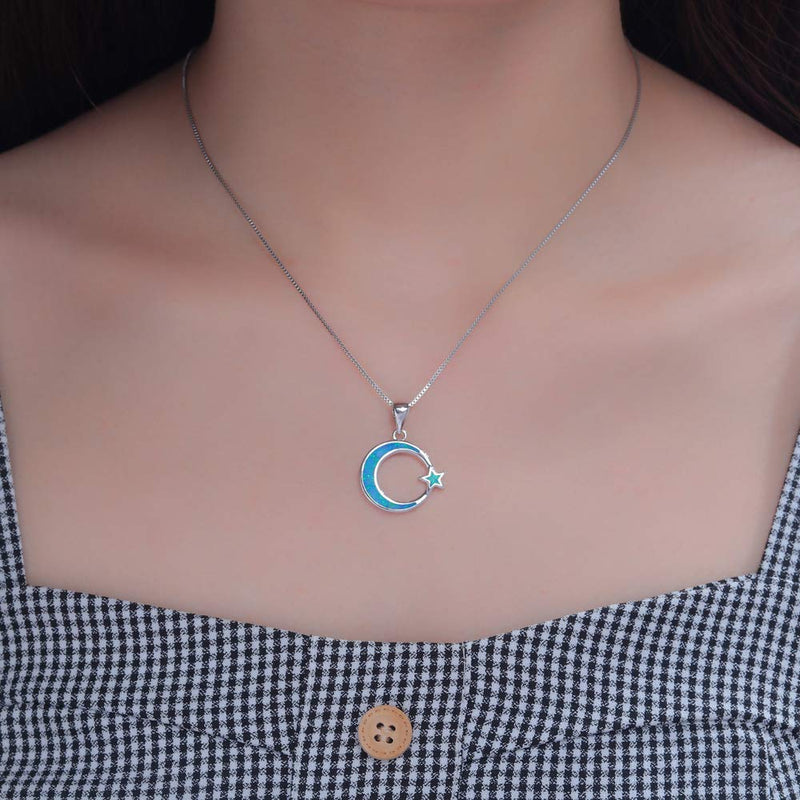 [Australia] - CiNily 14K Gold Plated Moon Star Opal Pendant Necklace Cute Dainty Opal Jewelry Gifts for Women Girls moon star-blue 