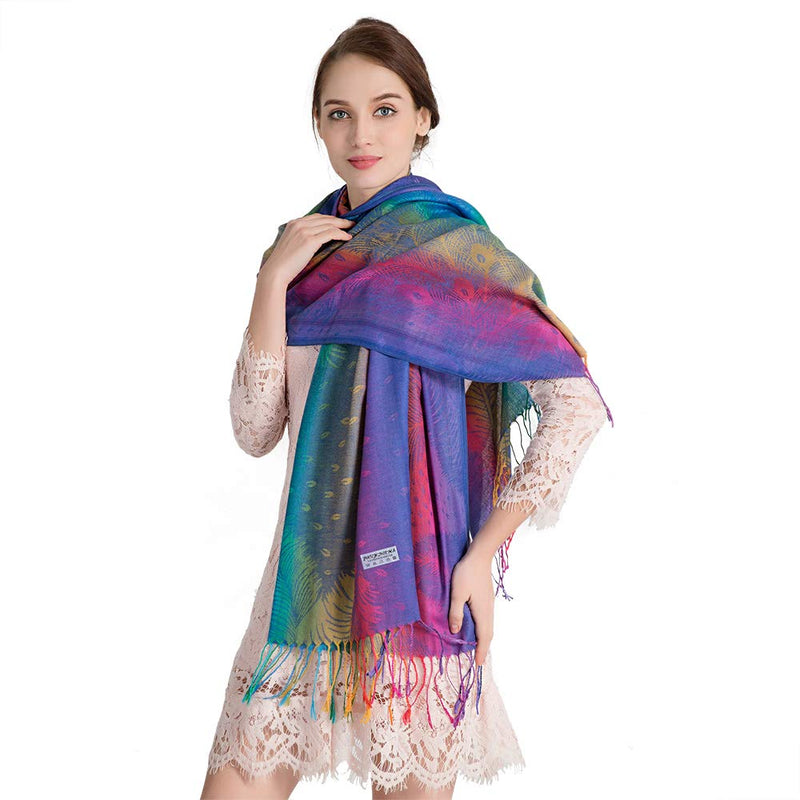 [Australia] - Colorful flowers Jacquard cotton pashmina Women Wrap Shawl tassels Scarves Thm02-03 