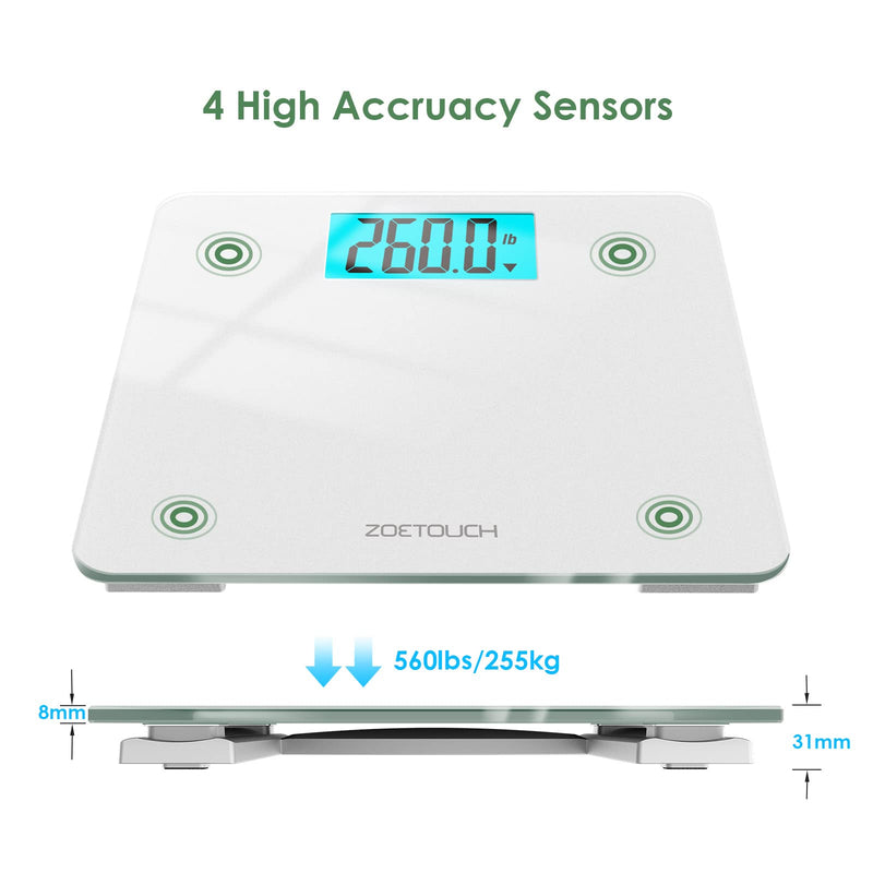 [Australia] - ZOETOUCH Scale for Body Weight 560 lbs 255kg ,High Capacity Precision Digital Bathroom Weighing Scale with Extra Wide Platform,4.2 Inch Backlit LCD Display,Tape Measure and 4 AAA Batteries Included Silver 