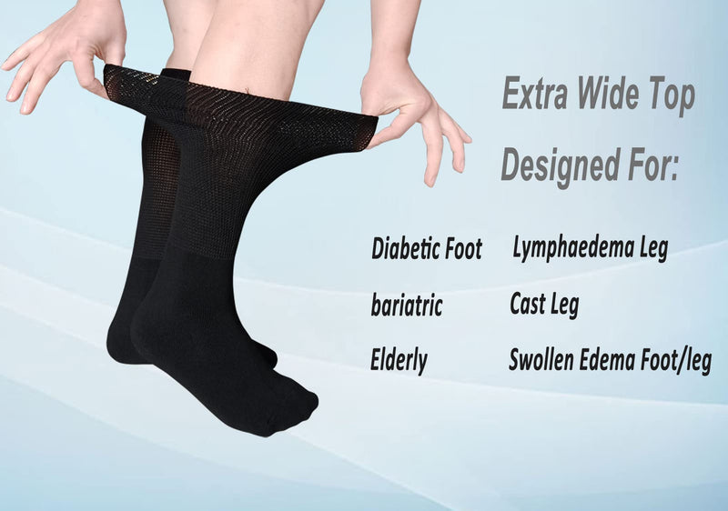 [Australia] - Extra Wide Bariatric Socks Non Binding Diabetic Sock for Lymphedema Swollen Edema Cast Leg Super Wide Calf for Men Women Elderly Sensitive Swelling Foot (Black/2 Pairs) Black 