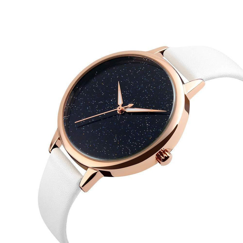 [Australia] - FeiWen Fashion Watch for Women Lady Girl Unique Starry Sky Dial Gold Stainless Steel Case with Leather Band Casual Minimalism Analog Quartz Watches White 