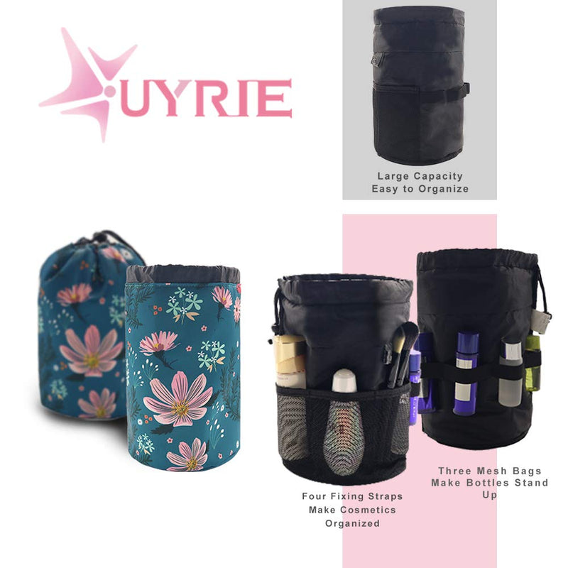 [Australia] - UYRIE Portable Makeup Toiletry Cosmetic Travel Organizer Bag, Large Drawstring Hanging Packing Bag for Women Girl Men, Lightweight Multifunctional Barrel Shaped Storage Bag (Pink Flower) Pink Flower 