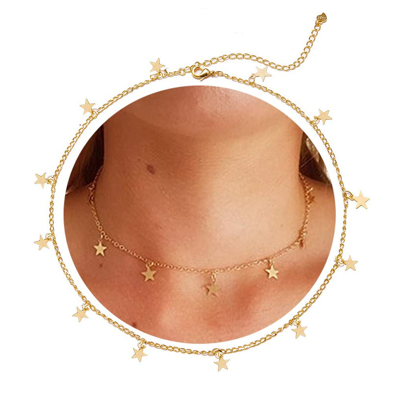 [Australia] - Long tiantian Gold Star Choker Necklace for Women Cute Necklace for Teen Girls Trendy Star Necklace Choker Adjustable 