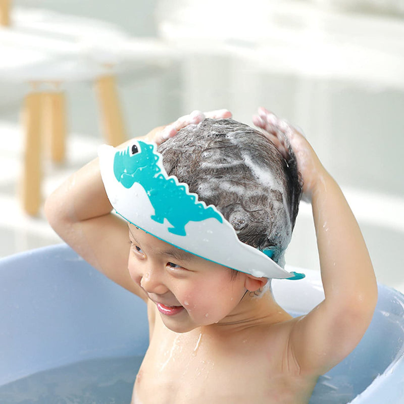 [Australia] - FUNUPUP Baby Shower Cap, Adjustable Kids Shampoo Shower Bath Cap Hair Washing Shampoo Shield Baby Visor for Eyes and Ears Protector (Blue) Dinosaur Blue 