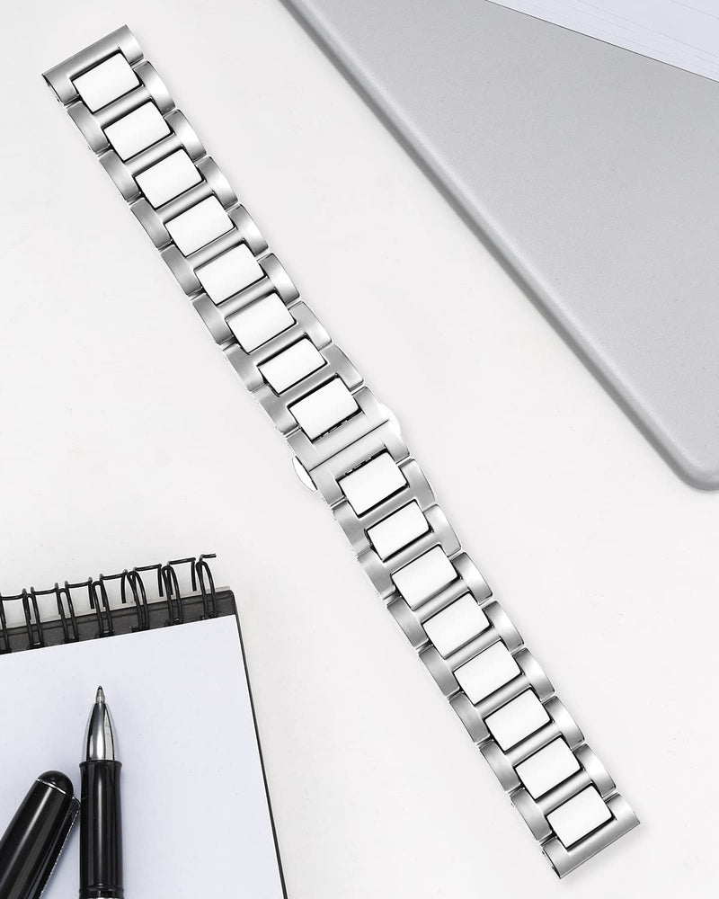 [Australia] - BINLUN Replacement Watch Band Stainless Steel Ceramic Watch Bracelet Polished Strap 12mm/14mm/16mm/18mm/20mm/22mm with Butterfly Buckle 6 Colors 18MM Silver Steel and White Ceramic 