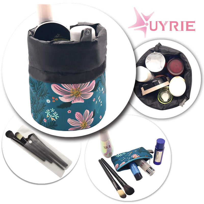 [Australia] - UYRIE Portable Makeup Toiletry Cosmetic Travel Organizer Bag, Large Drawstring Hanging Packing Bag for Women Girl Men, Lightweight Multifunctional Barrel Shaped Storage Bag (Pink Flower) Pink Flower 